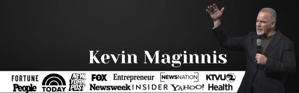 Kevin Maginnis speaking at a podium with media outlet logos displayed below including Fortune, People, Today Show, FOX, and others